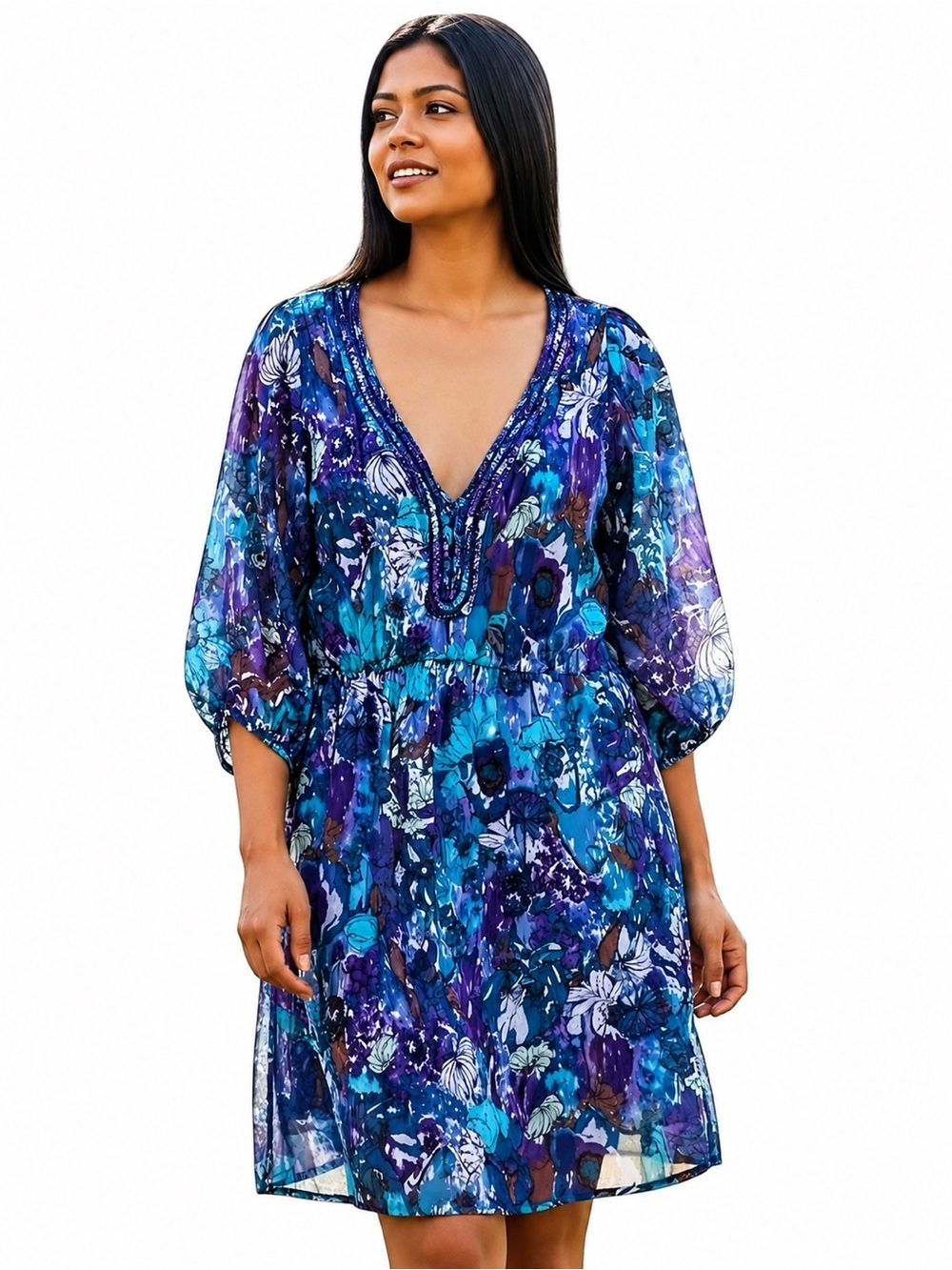 Rebecca Taylor Silk Purple Blue Floral 3/4 Sleeve Peasant Dress Size 4